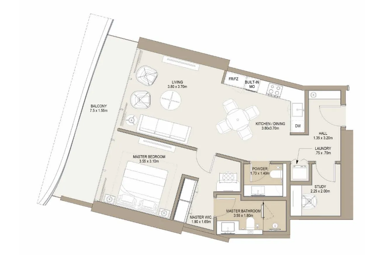 Laguna Residence 1 bed floor plan, 899 sqft