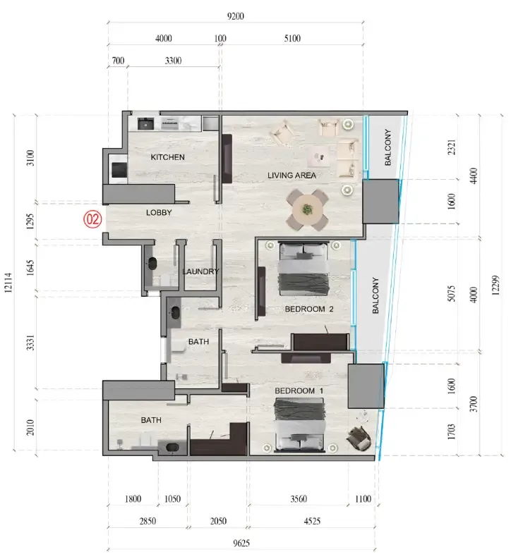 Al Ghaf Tower 2 bed floor plan, 1,312 sqft