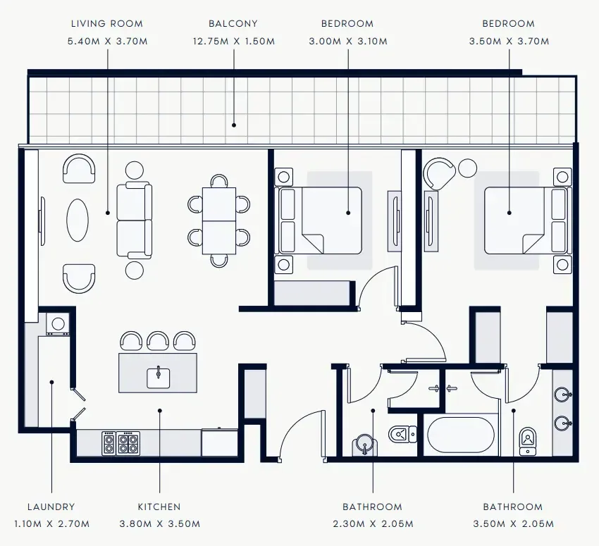 Riviera Rêve 2 bed floor plan, 1,243 sqft