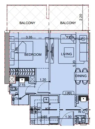 Binghatti Cullinan 1 bed floor plan, 728 sqft