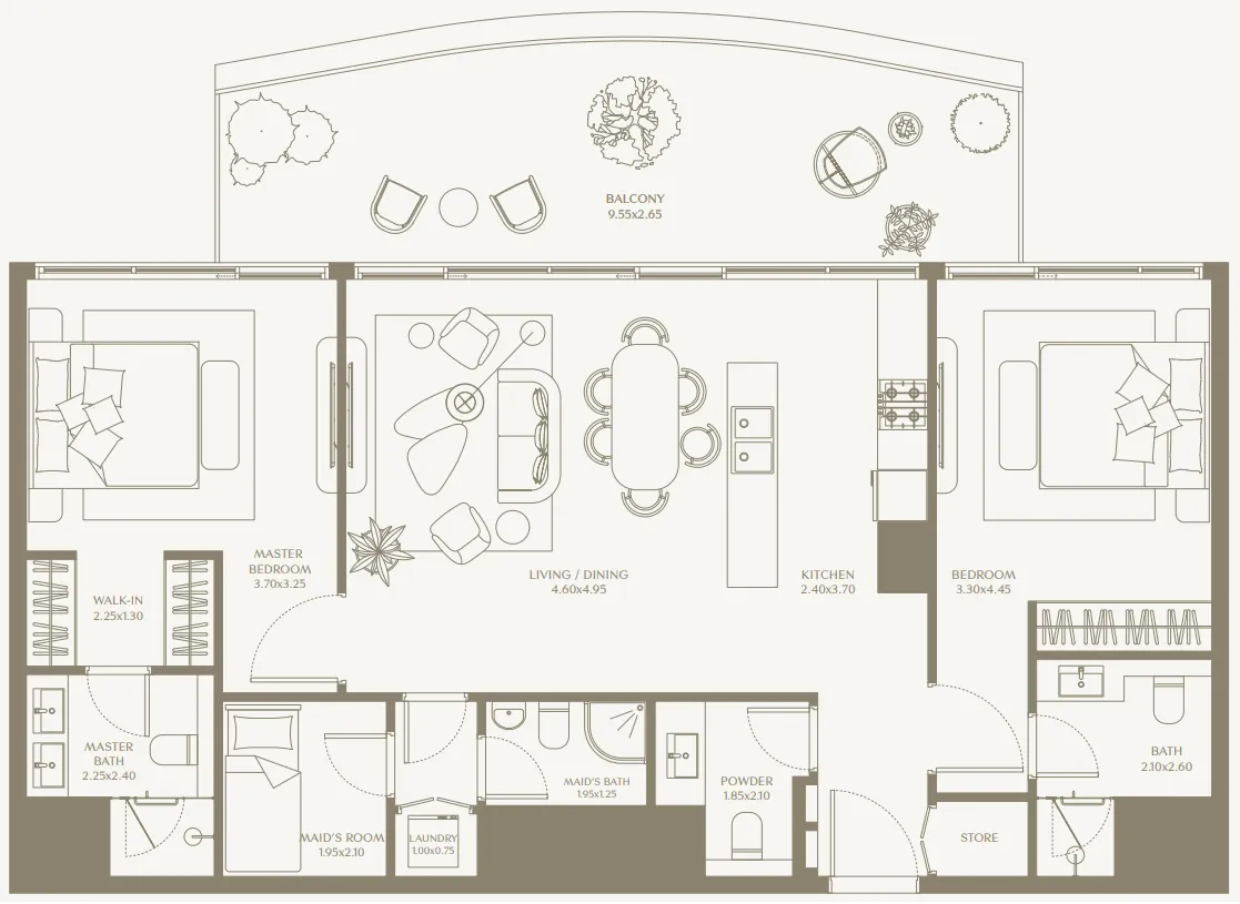 AYA Beachfront Residences 2 bed floor plan, 1,311 – 1,539 sqft