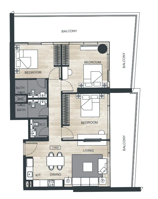 Binghatti Ghost 3 bed floor plan, 1,603 – 1,648 sqft