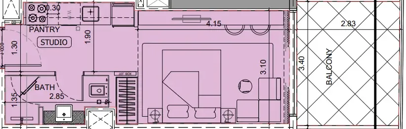 Project Maybach Studio floor plan, 402 sqft