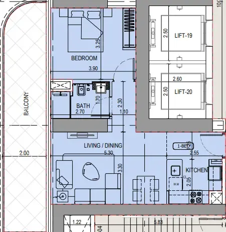 Binghatti Sky Terraces 1 bed floor plan, 816 – 827 sqft