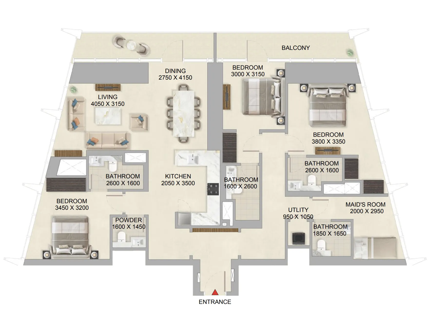 The Mirage at Sobha Central 3 bed floor plan, 1,862 sqft