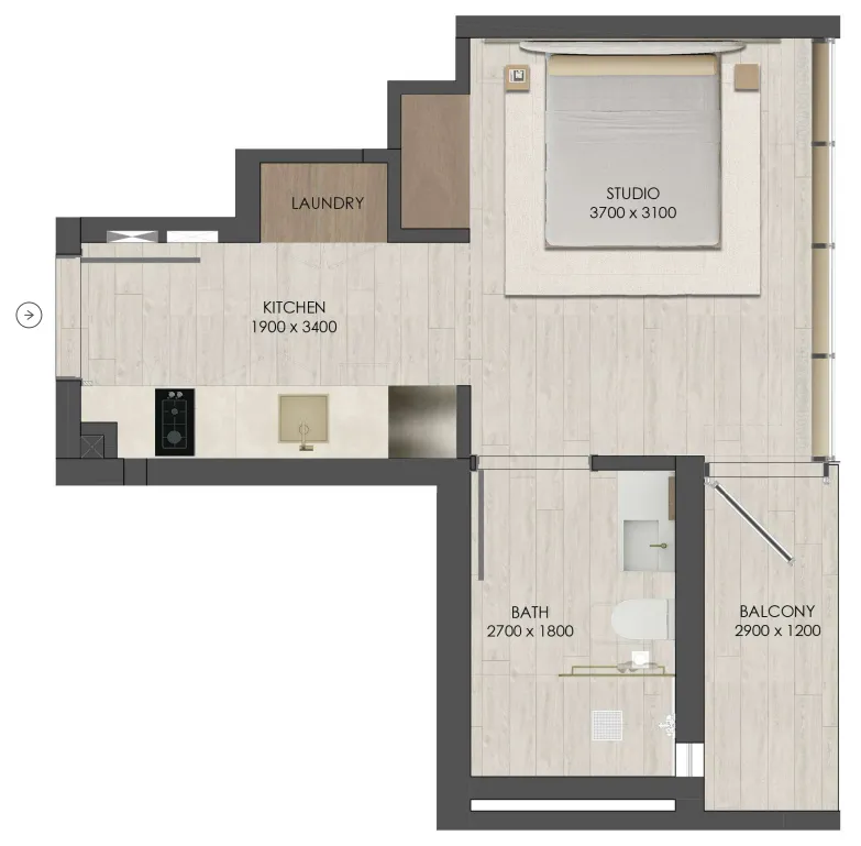 JAD 288 Studio floor plan, 333 sqft