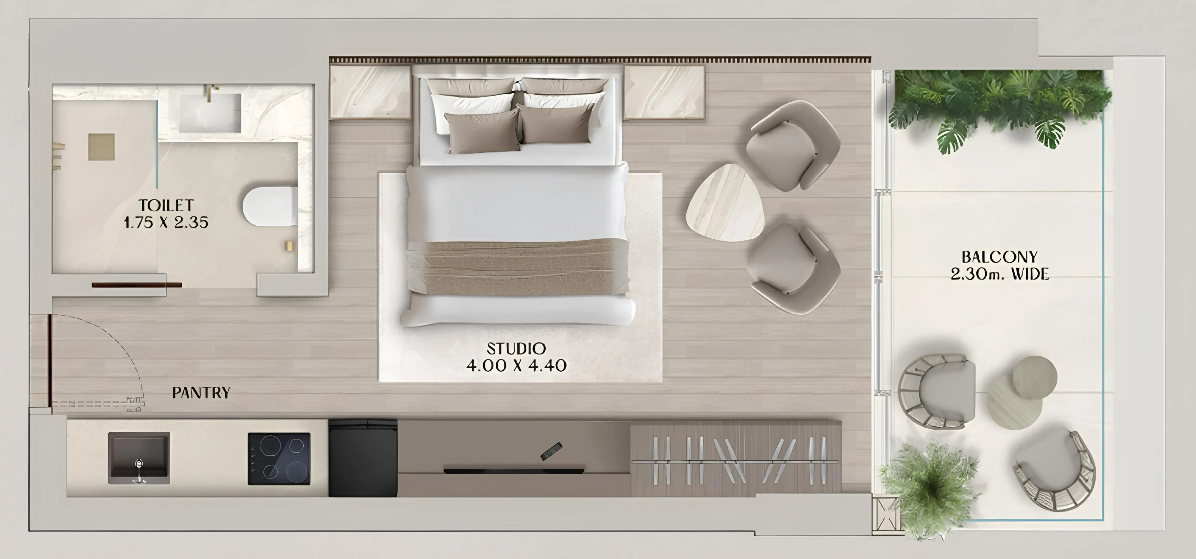 Soléva Beach Residences Studio floor plan, 385 sqft