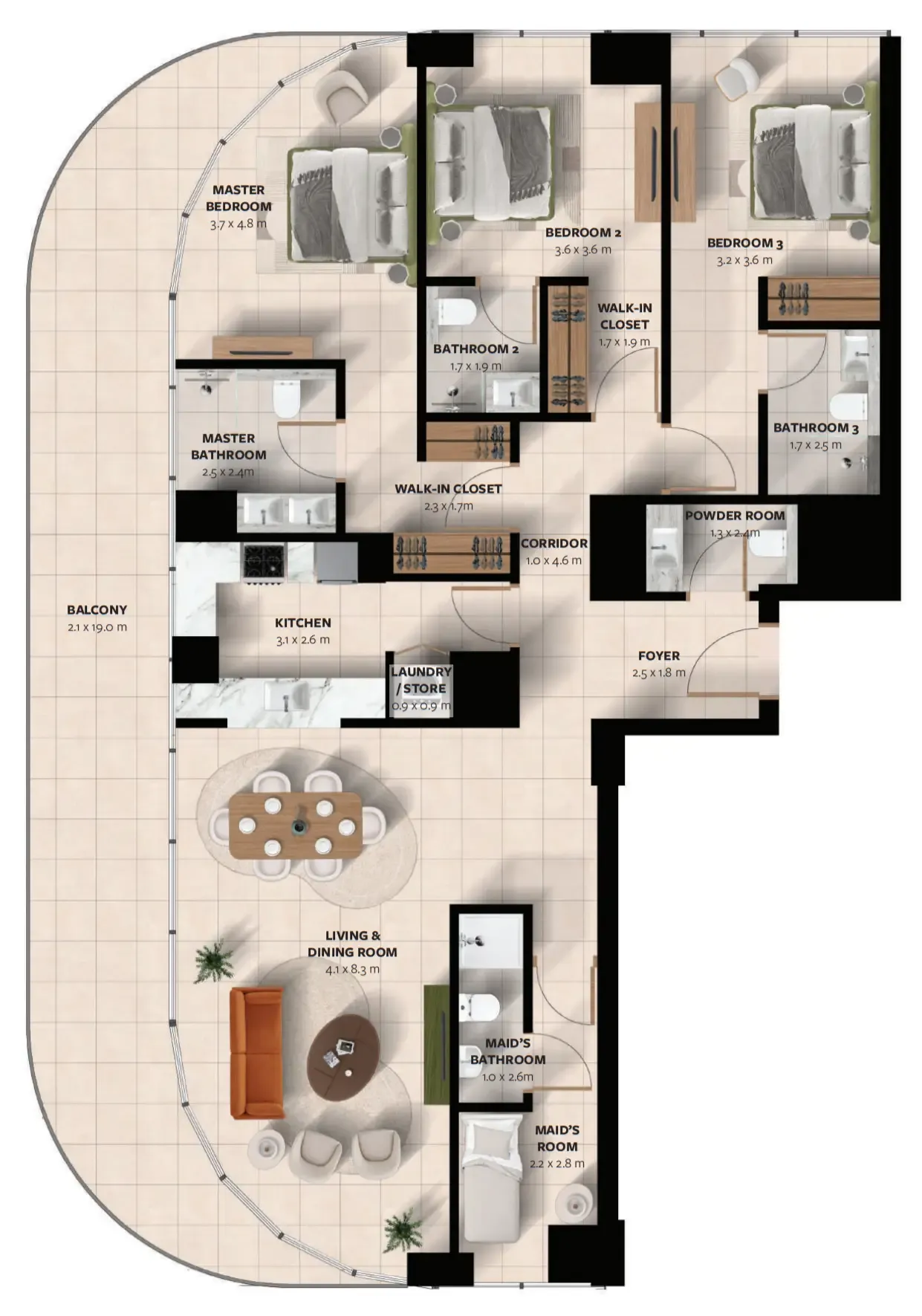 Waada Dubai South 3 bed floor plan, 2,161 sqft