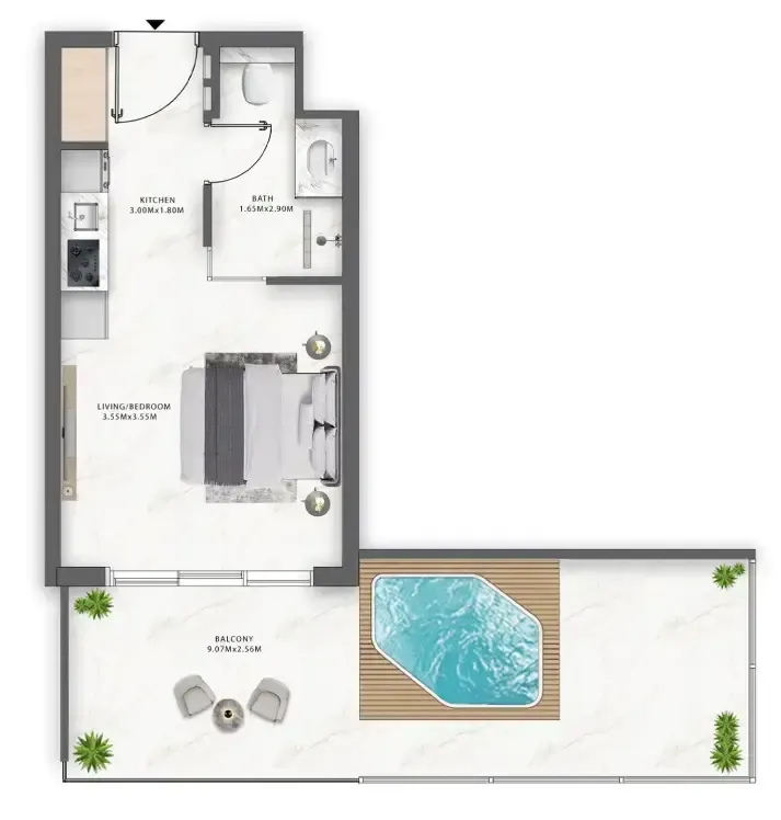 One Central Studio floor plan, 355 sqft