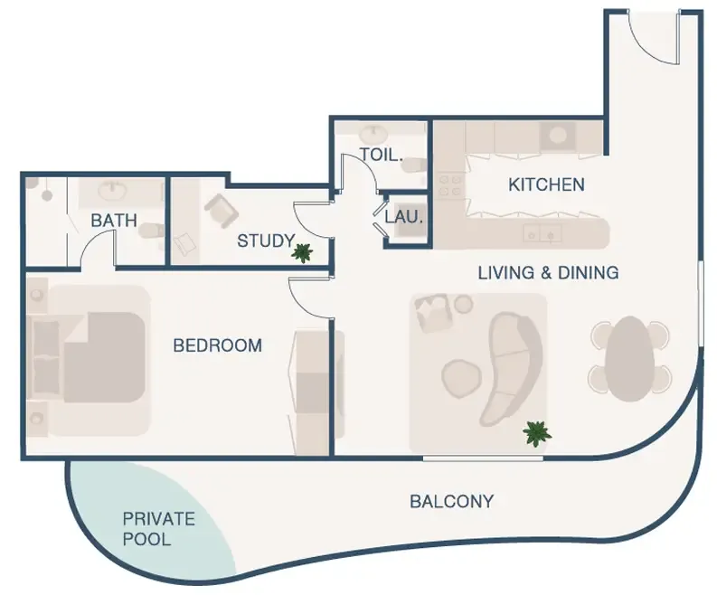 Beach Walk 1 bed floor plan, 1,111 sqft