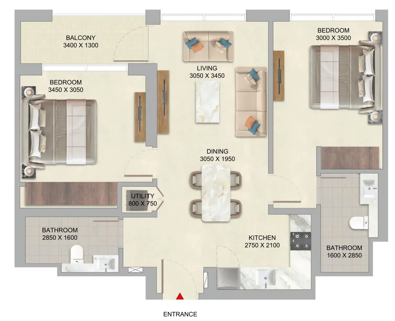 The Woods Abode at Sobha Sanctuary 2 bed floor plan, 864 sqft