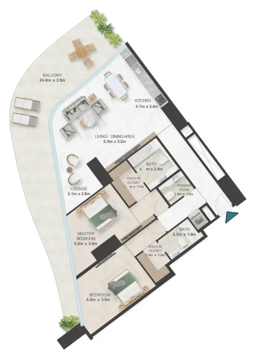 Oystra 2 bed floor plan, 2,124 sqft
