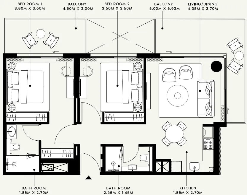 Azizi Venice 2 bed floor plan, 1,092 sqft