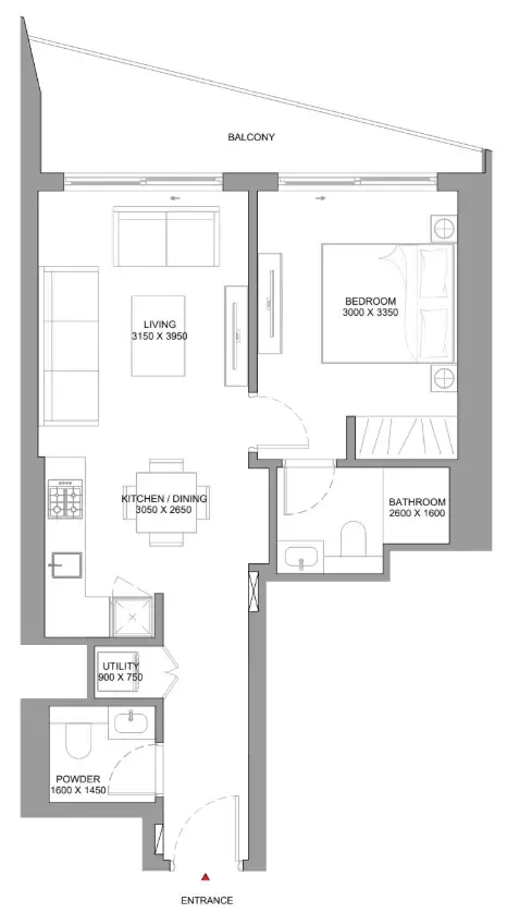 The Eden at Sobha Central 1 bed floor plan, 690 sqft