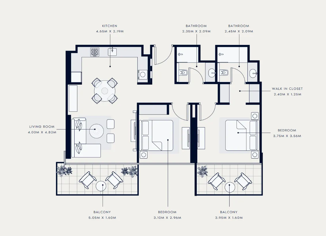 Azizi Venice 2 bed floor plan, 1,065 sqft