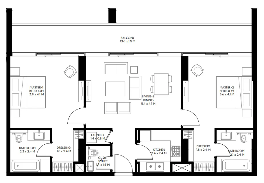 Nesba 3 2 bed floor plan, 1,276 sqft