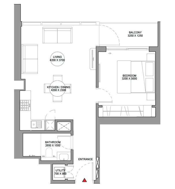 Sobha Orbis 1 bed floor plan, 722 sqft