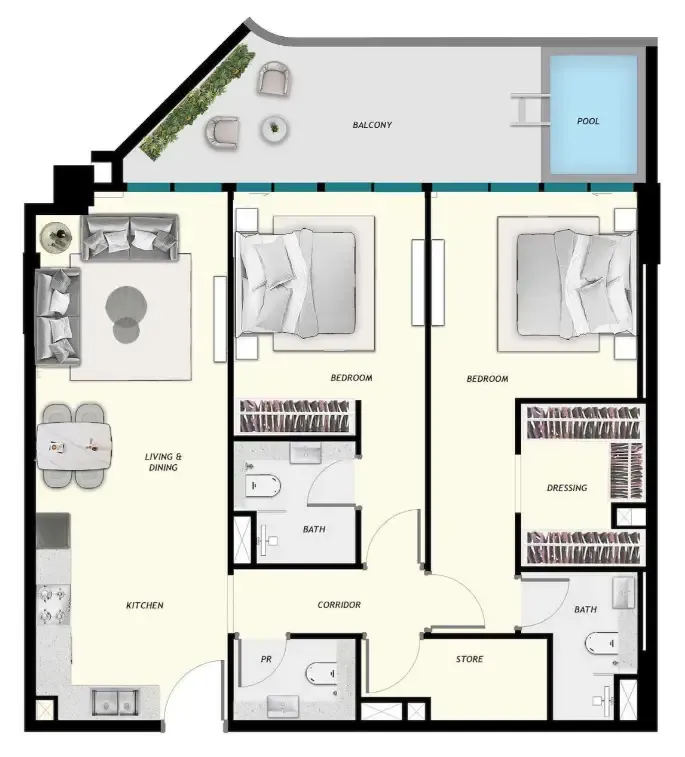 Samana Ibiza 2 bed floor plan, 1,280 sqft