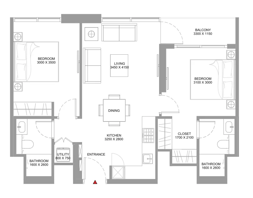 Coastline Beach Residences 2 bed floor plan, 777 sqft