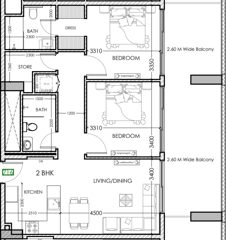 Al Haseen Residences 5 2 bed floor plan, 1,085 sqft