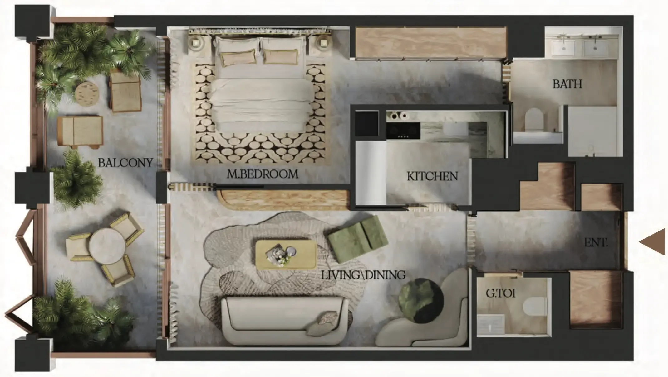 Elire Managed by LUX 1 bed floor plan, 734 sqft