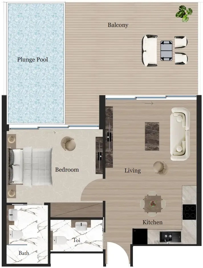 Rijas Suites 1 bed floor plan, 940 sqft