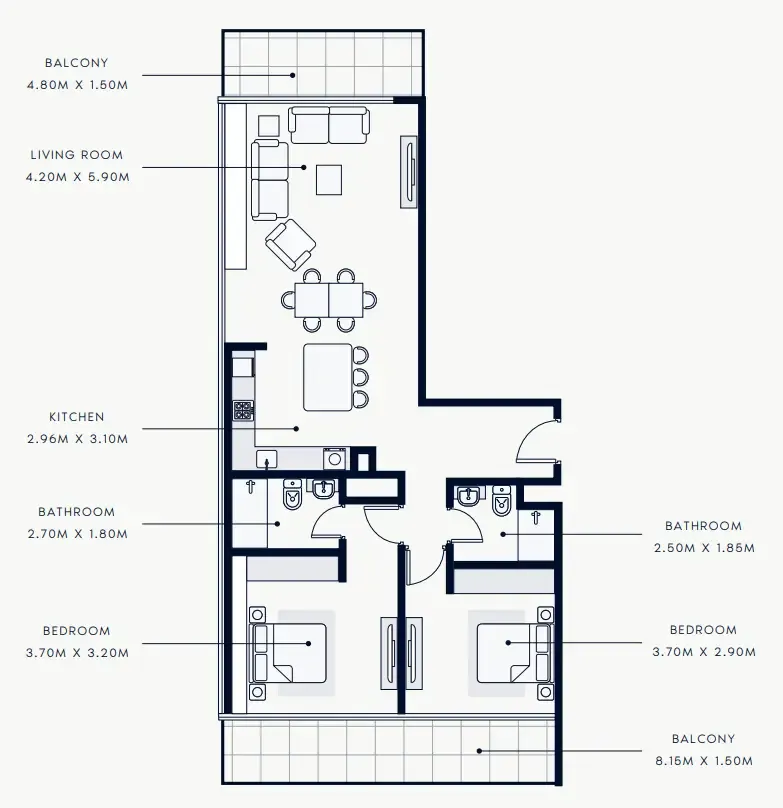 Riviera Rêve 2 bed floor plan, 1,253 sqft