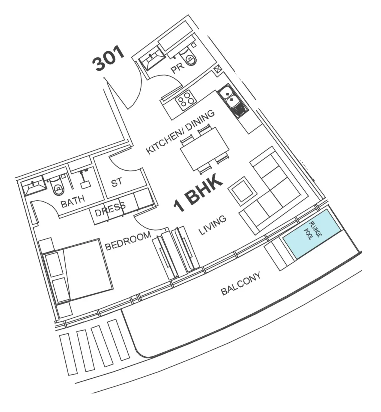 Villa Del Garda 1 bed floor plan, 777 sqft