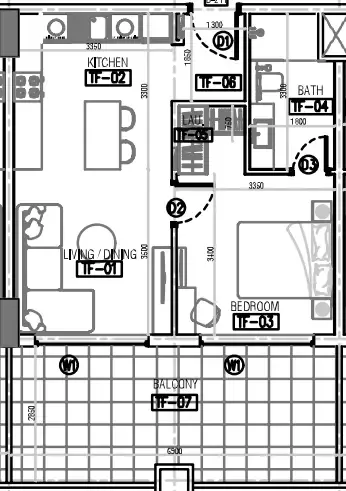 Laya Courtyard 1 bed floor plan, 749 sqft