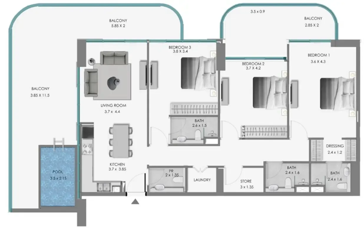 Samana Ocean Bay 3 bed floor plan, 2,082 sqft