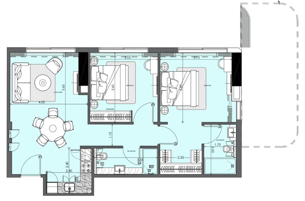 Azizi Wasel 2 bed floor plan, 1,078 sqft