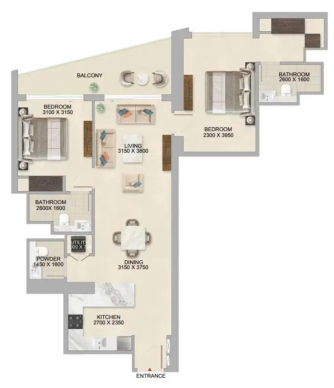 The Tranquil at Sobha Central 2 bed floor plan, 1,157 sqft