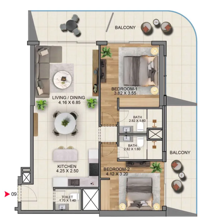 Sky Hills Residence 3 2 bed floor plan, 1,492 – 1,495 sqft