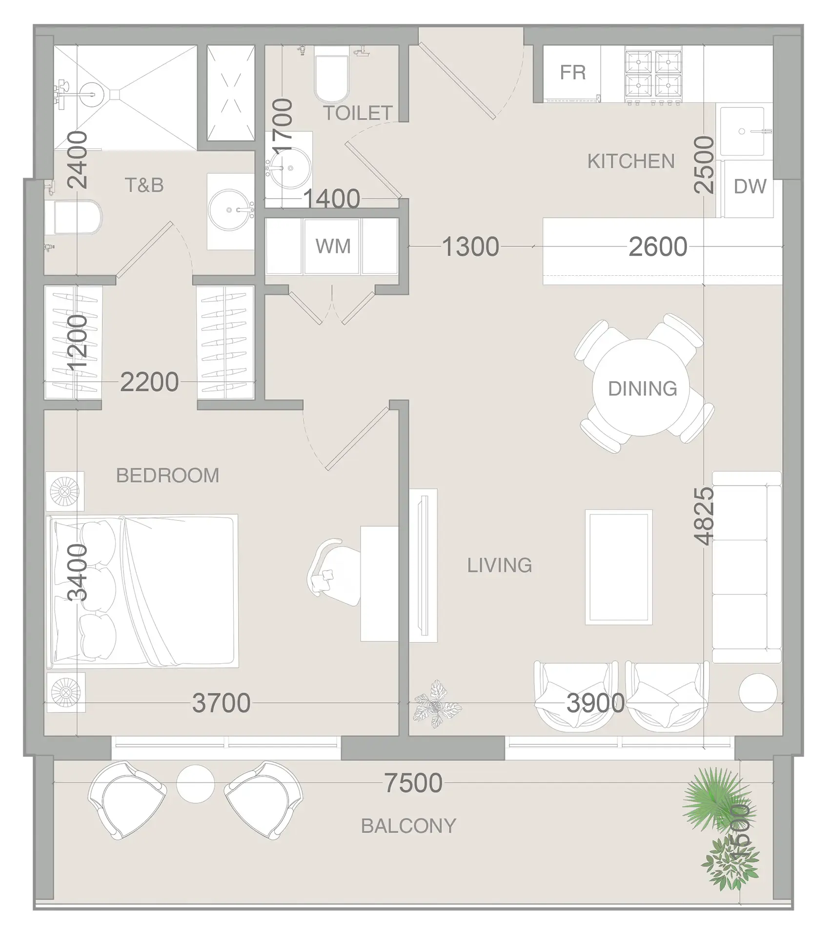 VERDAN1A 3 1 bed floor plan, 763 sqft