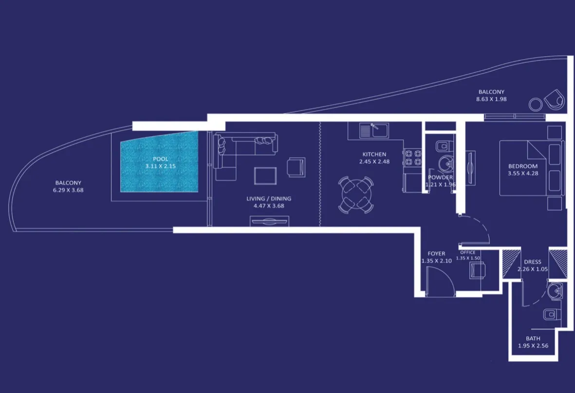 Oceanz 1 bed floor plan, 916 sqft