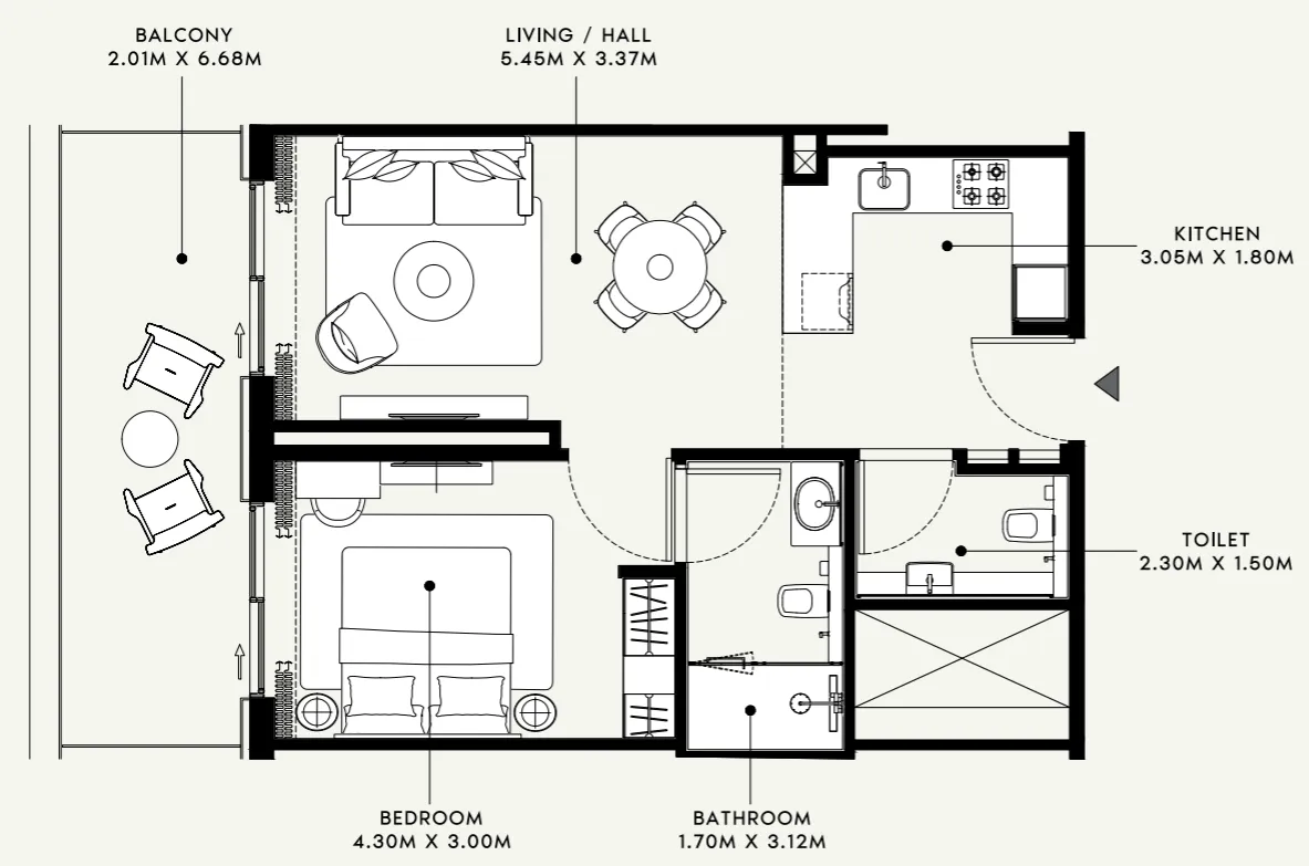 Azizi Venice 1 bed floor plan, 740 sqft