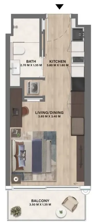 Mövenpick Residences Dubai Motor City Phase 1 Studio floor plan, 361 sqft