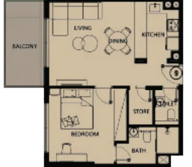 Lilium Tower 1 bed floor plan, 667 sqft
