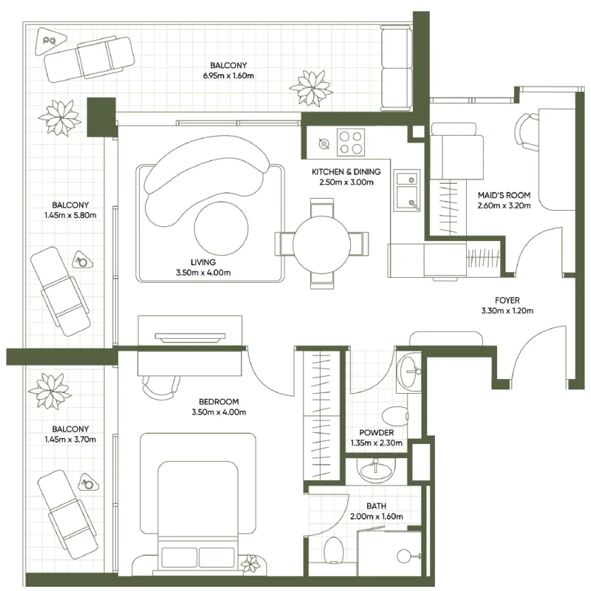 Olivia Gardens 1 bed floor plan, 934 sqft