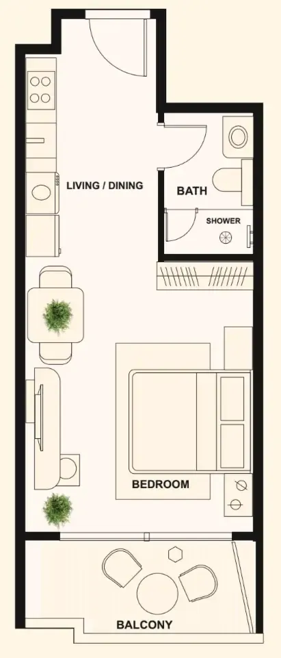 The Elysian Studio floor plan, 414 sqft