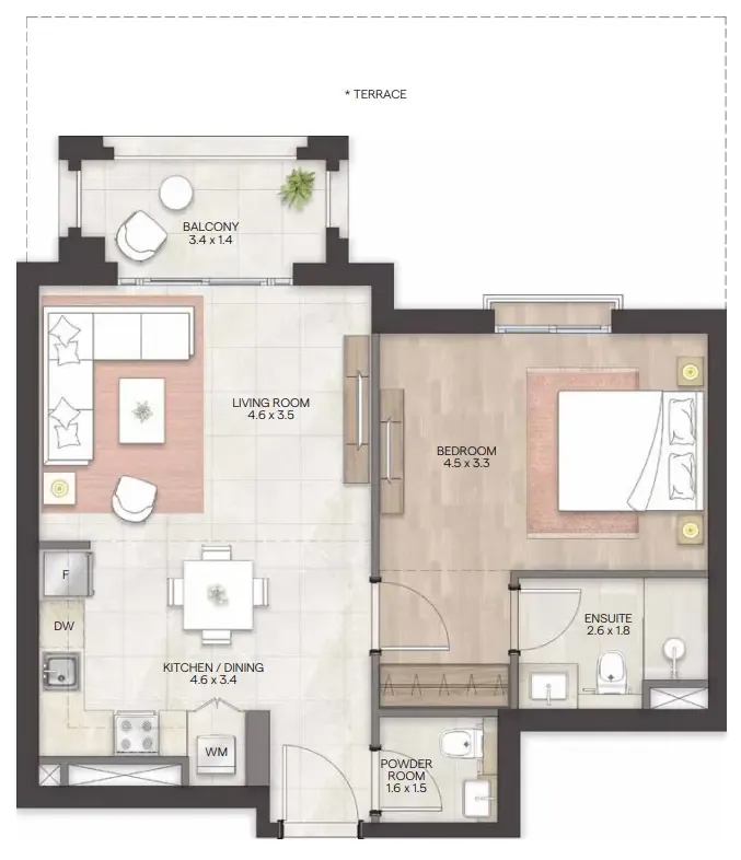 Bloom Living - Granada 1 bed floor plan, 988 sqft