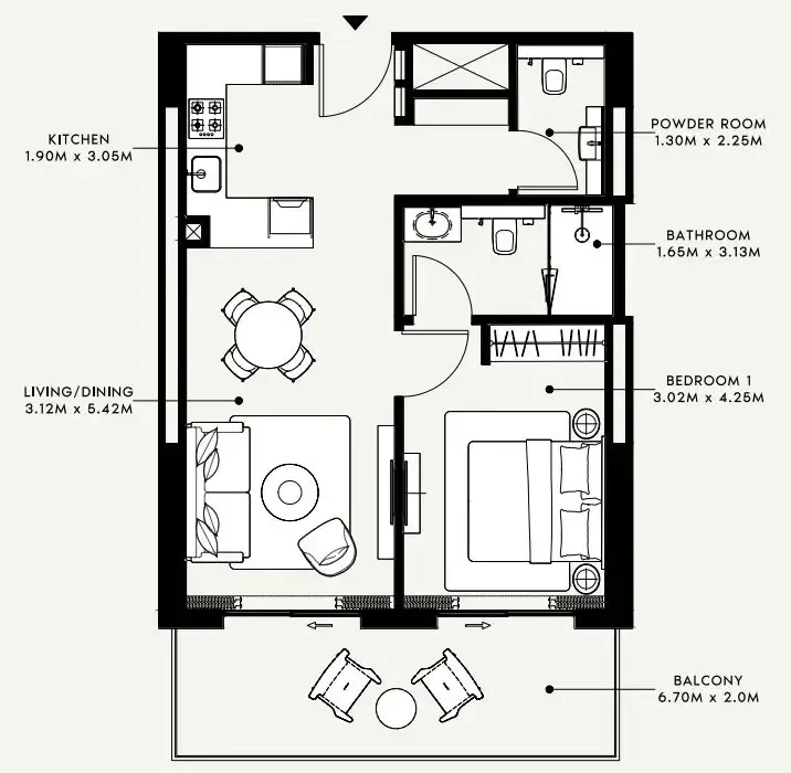 Azizi Venice 1 bed floor plan, 760 sqft