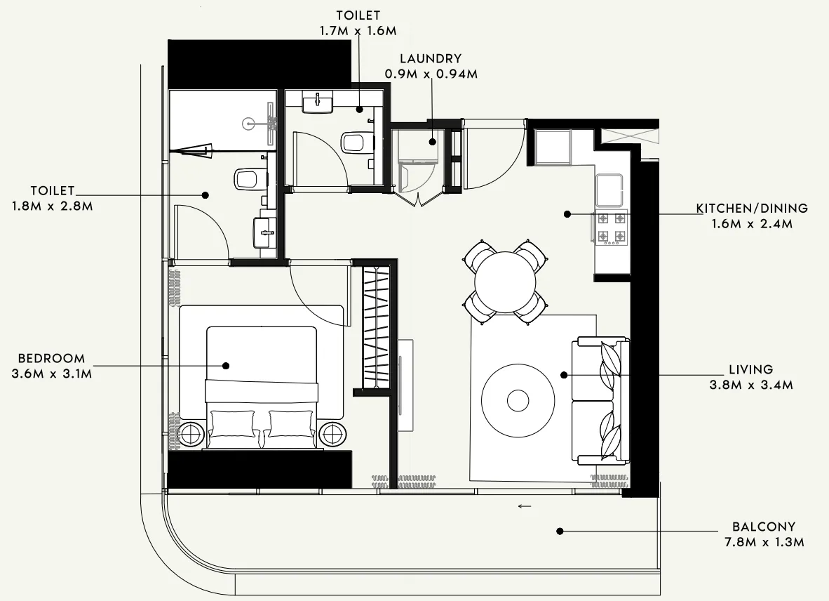 Azizi Milan 1 bed floor plan, 671 sqft