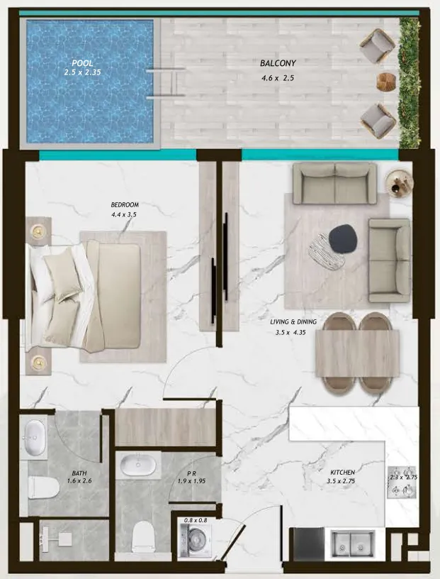 Samana Parkville 1 bed floor plan, 767 sqft