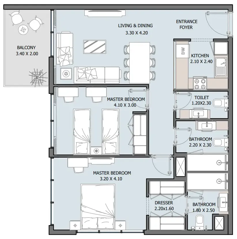 Oceana 2 bed floor plan, 1,012 – 1,028 sqft
