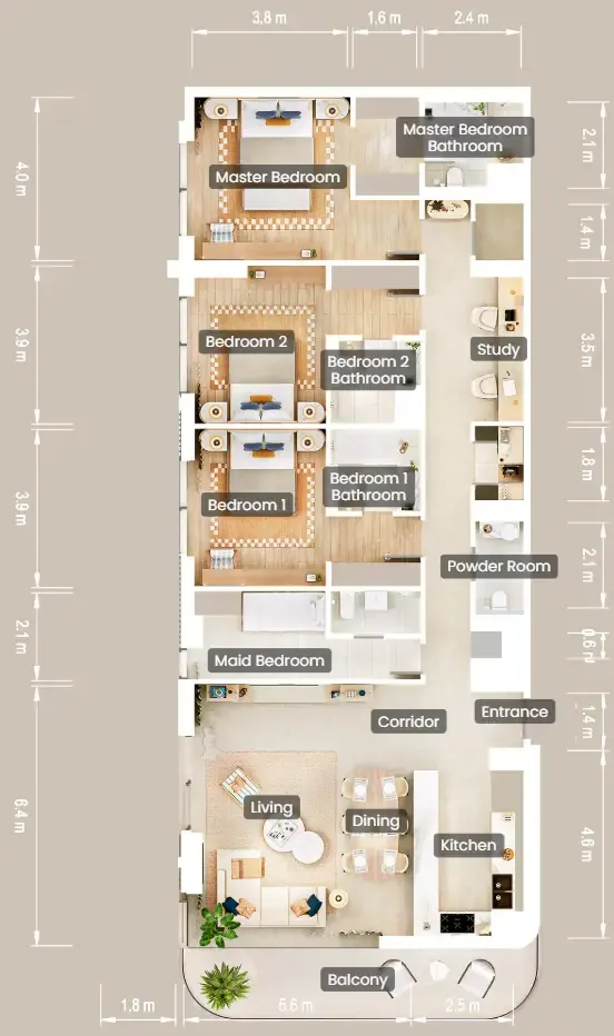 The Beach House Fahid 3 bed floor plan, 1,970 sqft