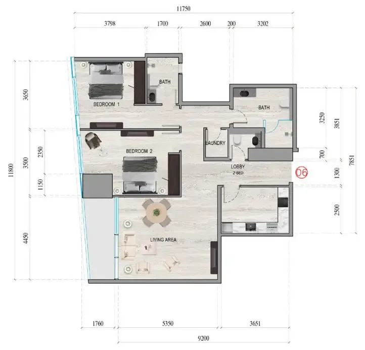 Al Ghaf Tower 2 bed floor plan, 1,273 – 1,274 sqft