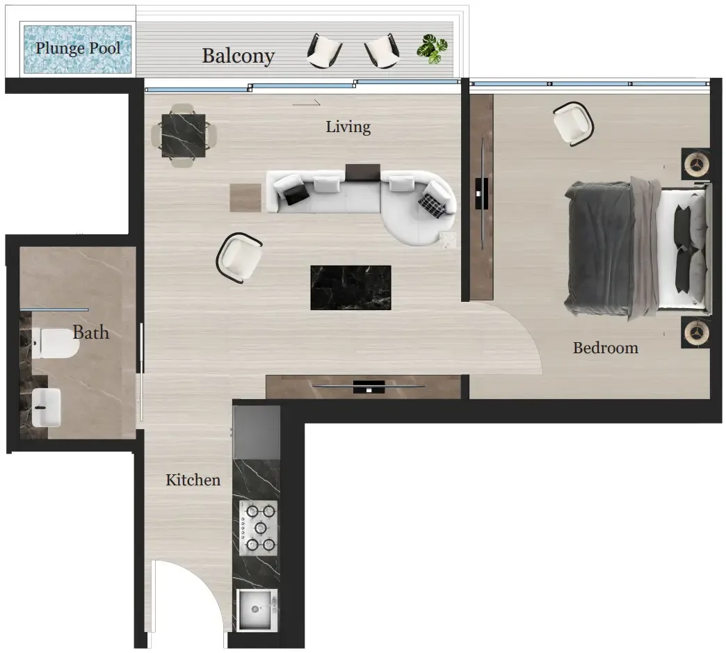 Rijas Suites 1 bed floor plan, 483 sqft