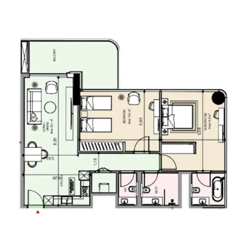Edgewater Residences 1, 2 and 3 2 bed floor plan, 1,219 sqft