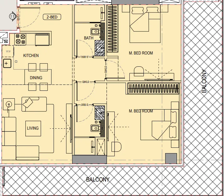 Binghatti Ivory 2 bed floor plan, 1,260 sqft